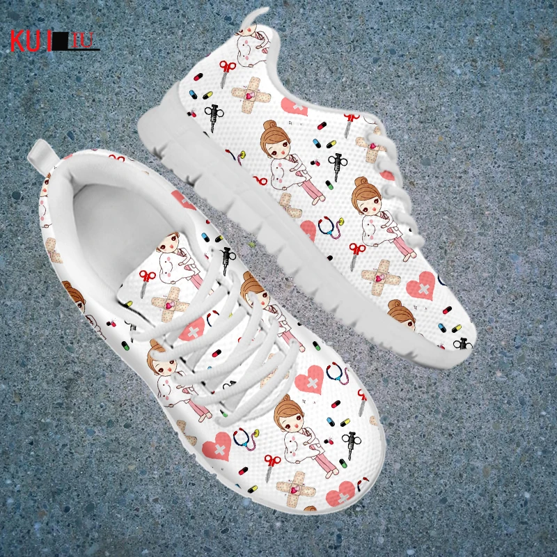 

KUILIU Fashion Cartoon Nurse Tooth Graffiti Autumn Flat Shoes Women Casual Sneakers Designer Shoes Comfortable Mesh Dropship