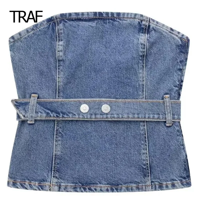 

TRAF Cropped Faux Denim Vest Women Top Spring Summer 2024 Strapless Off Shoulder Sleeveless Backless Vest Elegant And Youth Tops