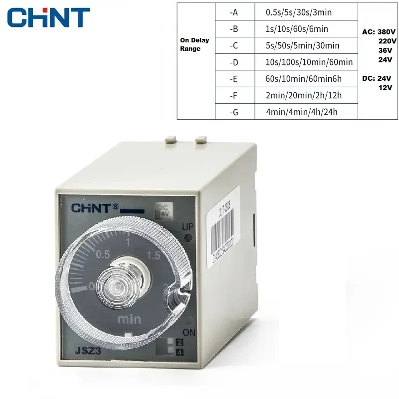 

CHINT Time Power On Delay Relay JSZ3A-A A-B A-C A-D A-E 1S 5S 10S 30S 60S 1M JSZ3A ST3P AC380V AC220V AC110V AC24V DC24V DC12V