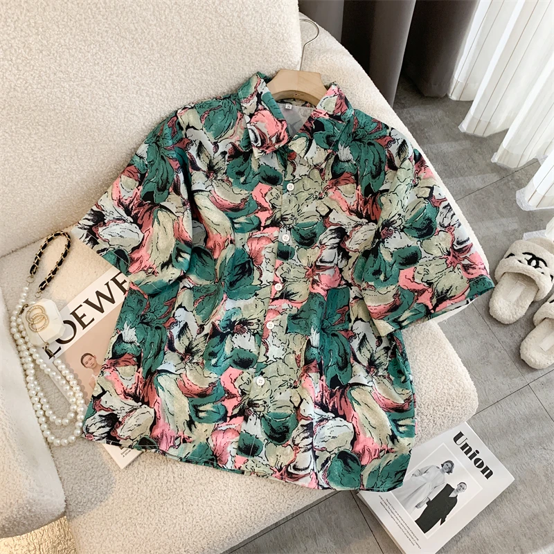 

Women's New Summer Printed Polo-Neck Button Spliced Fashion Loose Versatile Casual Short Sleeve Preppy Style Floral Shirt Tops