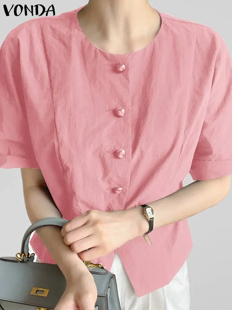 

2024 VONDA Summer Women Blouses Fashion Short Sleeve Solid Color OL Work Office Shirt Oversize Button O-Neck Blusas Casual Tunic