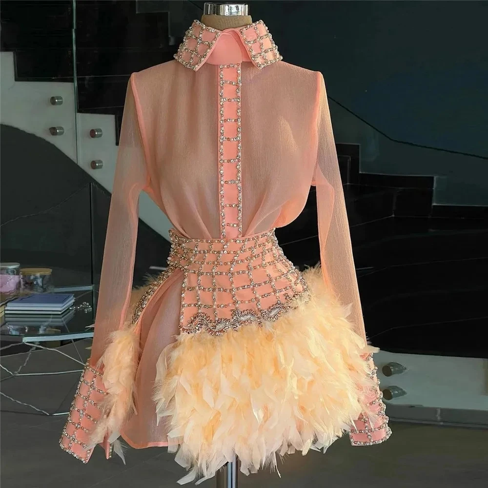 

Pink Cocktail Dresses A-line Long Sleeves Short Mini Tulle Feather Beaded Homecoming Dresses Haute Couture