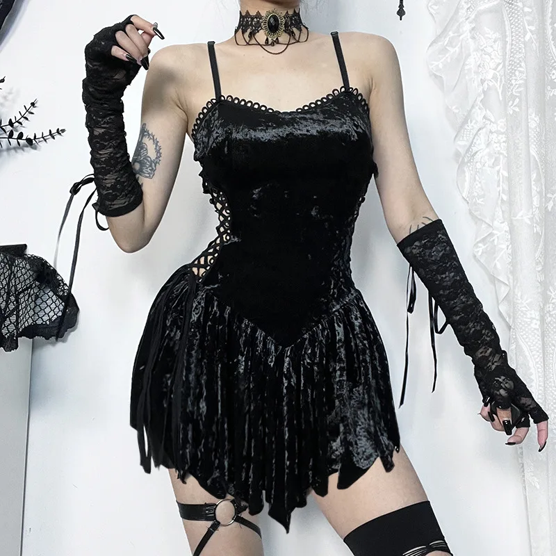 

Goth Dark Fairy Grunge Bandage Sexy Velvet Mini Dresses Mall Gothic Punk Hanky Hem Black Dress Women Party Sling Slim Alt Clothe