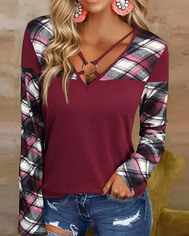 Fashion Blouses 2023 Autumn New Plaid Print Hollow Out O-Ring Decor Top Casual Long Sleeve V-Neck Versatile Pullover
Fashion Blouses 2023 Autumn New Plaid Print Hollow Out O-Ring Decor Top Casual Long Sleeve V-Neck Versatile Pullover