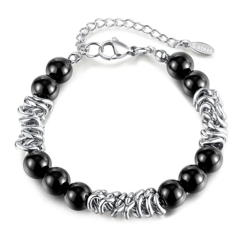 

New Fashion Black Agate Bracelets For Men Women Silver Color Stainless Steel Cuban Chain Stones Beads Bangles Punk Jewelry Gifts