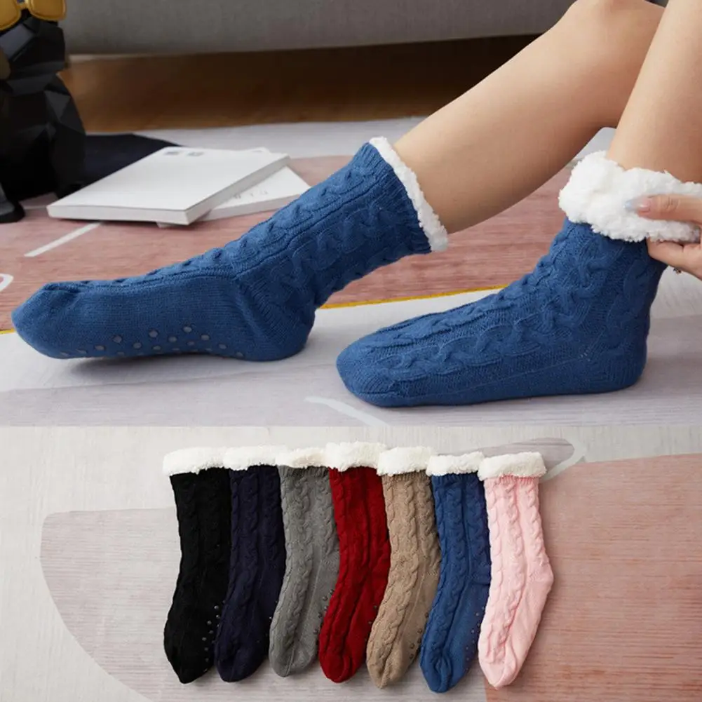 

Женские зимние носки, 1 пара, толстые мягкие плюшевые подходящие цвета эластичные противоскользящие теплые вязаные противоскользящие носки для пола