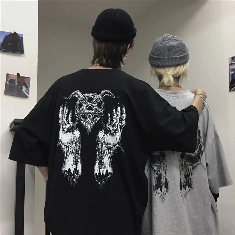 Фото Japanese Harajuku Satan T Shirt for Men Women Ulzzang Korean Style Tshirt Streetwear Baphomet Demon Tee Tops Satanist Clothes | Женская