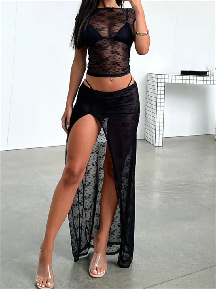 Fashion Women Lace Mesh See Through 2pcs Skirts Sets Y2K Backless Lace-up T-shirts Crop Tops Low Waist Split Skirts Clubwear
Fashion Women Lace Mesh See Through 2pcs Skirts Sets Y2K Backless Lace-up T-shirts Crop Tops Low Waist Split Skirts Clubwear