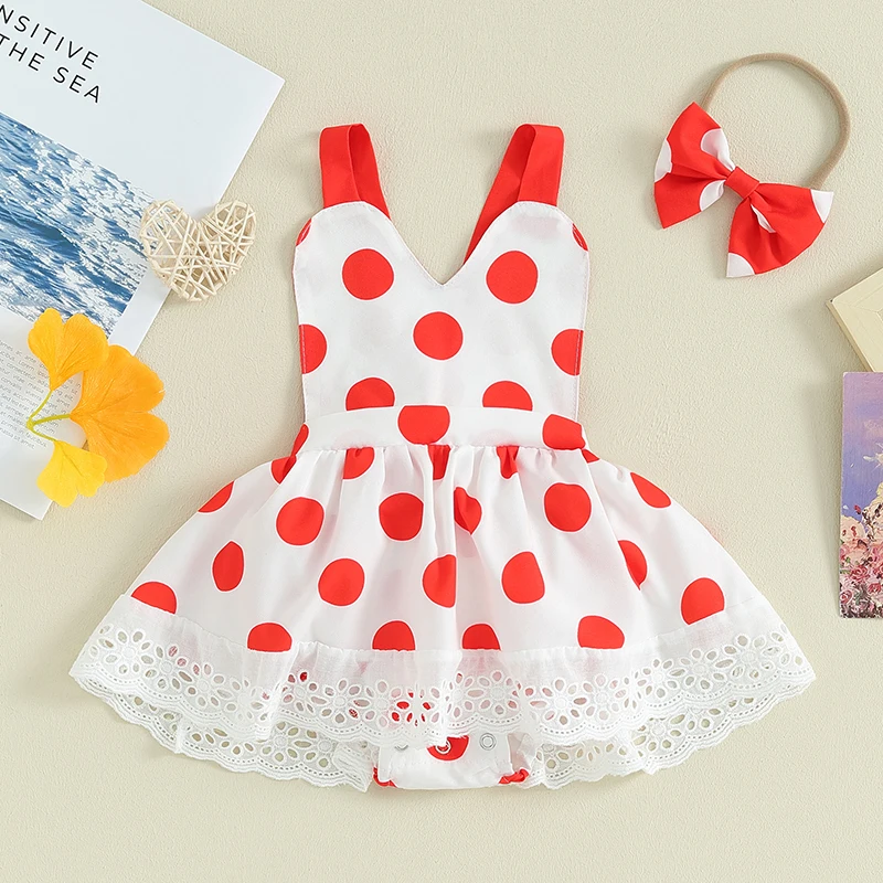 

0-24 Months Baby Girl Valentine s Dress Outfit Sleeveless Lace Trim Dot Print Romper Dress Headband Infant Clothes