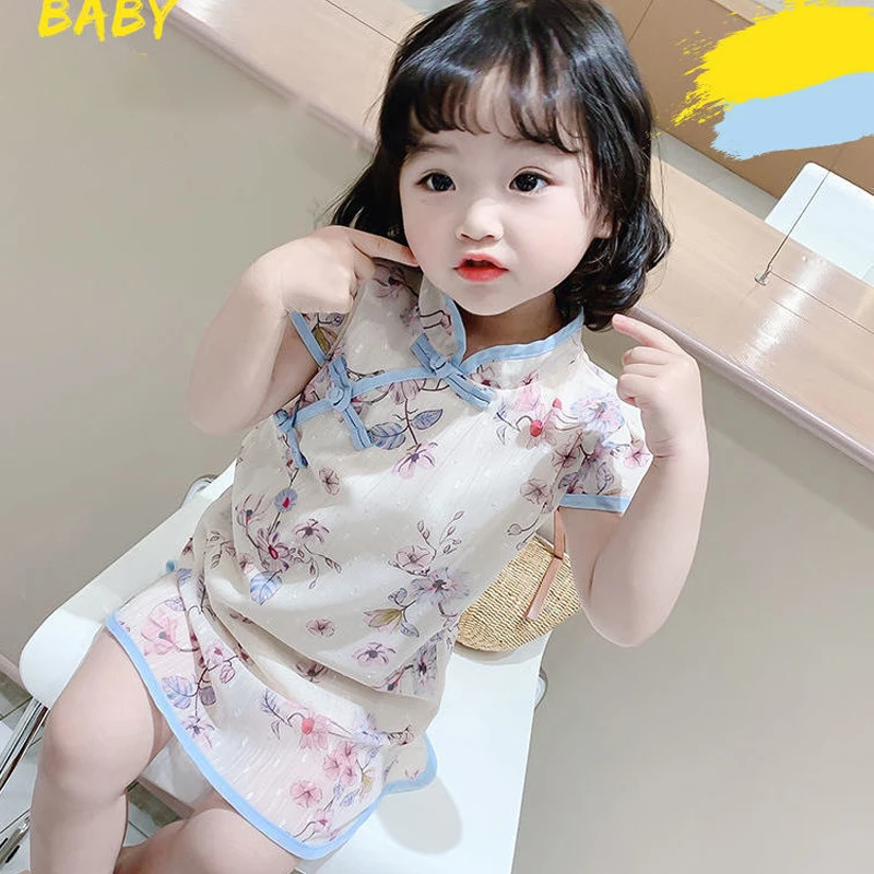 

2022 New Girls' Cheongsam Skirt Baby Chinese Style Hanfu Garment Cute Summer Children's Tang Suit Retro Style Princess Dress