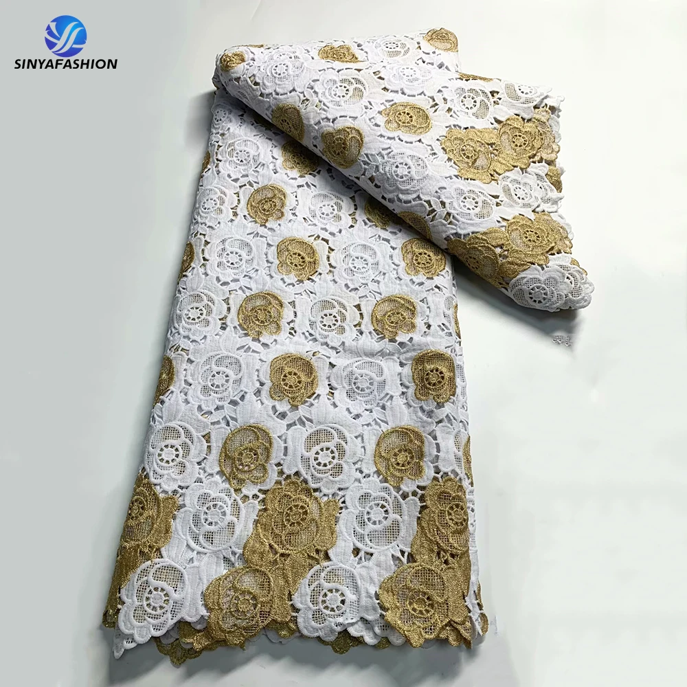 White Gold African Guipure Lace Fabric Embroidery High Quality Water Soluble Lace Embroidery Cord Lace Fabric For Women Dress
White Gold African Guipure Lace Fabric Embroidery High Quality Water Soluble Lace Embroidery Cord Lace Fabric For Women Dress