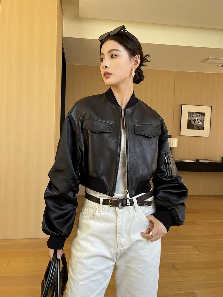 

Cropped Patchwork Sheepskin Coat for Women Spring Autumn 2024 Trend Long Sleeve High Waist Bomber Genuine Leather Jacket