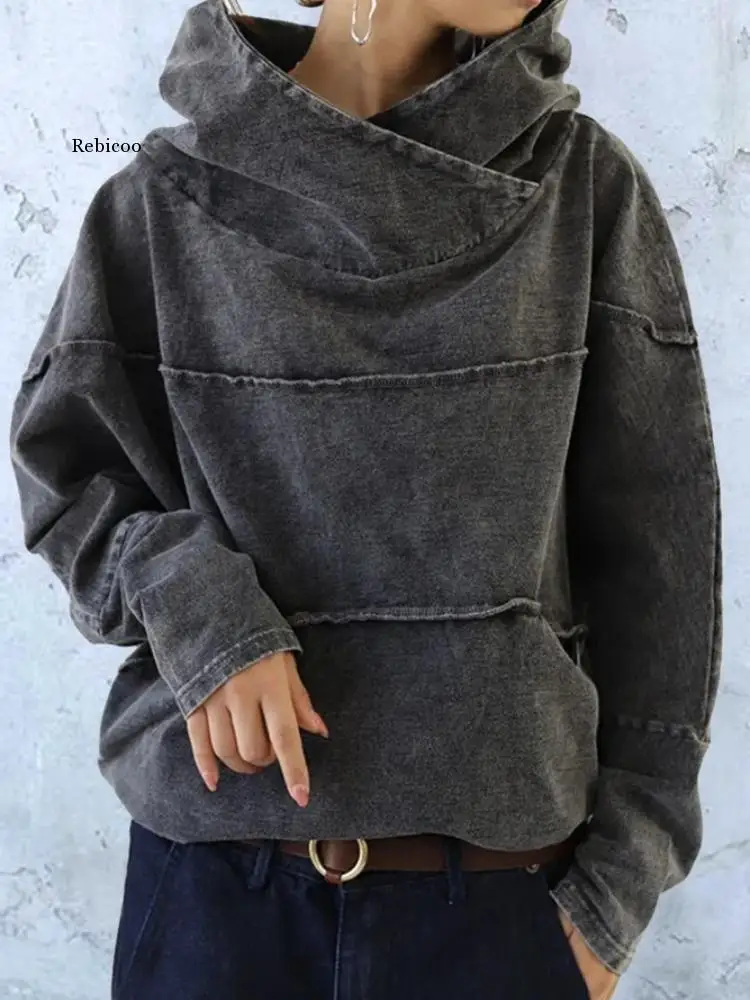 

Tooling Loose Washing Denim Tops Autumn Splicing Long Sleeve Gray Hooded Sweater Street Hipster Solid Color Urban Leisure New