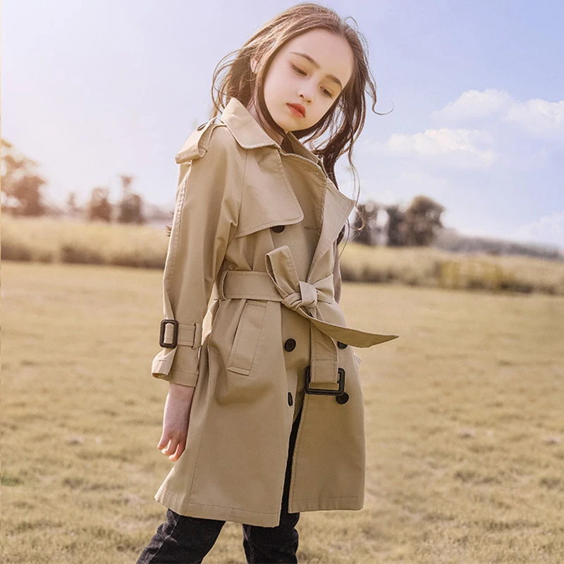 

4-13Y Teen Girls Long Trench Coats 2023 New Fashion England Style Windbreaker Jacket For Girls Spring Autumn Children's Clothing