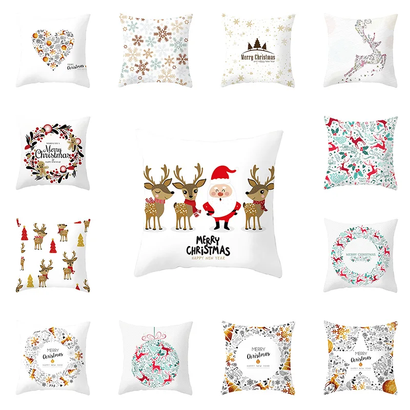 

White Christmas Pillowcase Cute Santa Claus Winter Snowflake Elk Cushion Cover Living Room Sofa Bedroom Home Decoration