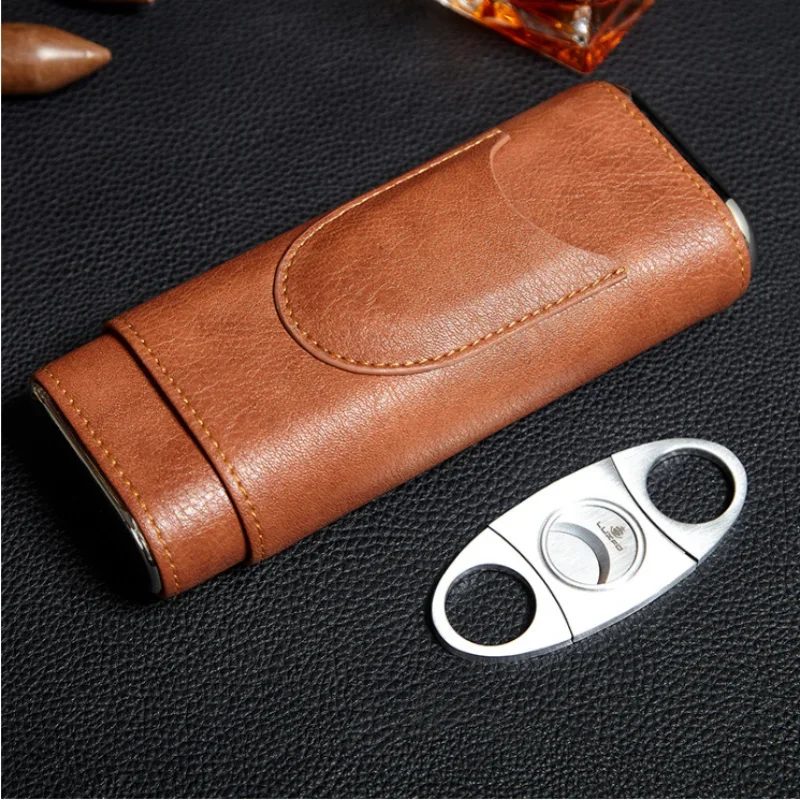

2023 Cigar Humidor With Cigar Cutter Portable Cigar Case Leather Lined Cedar Wood Fit for 3pcs Smoking Accessories Men Gifts