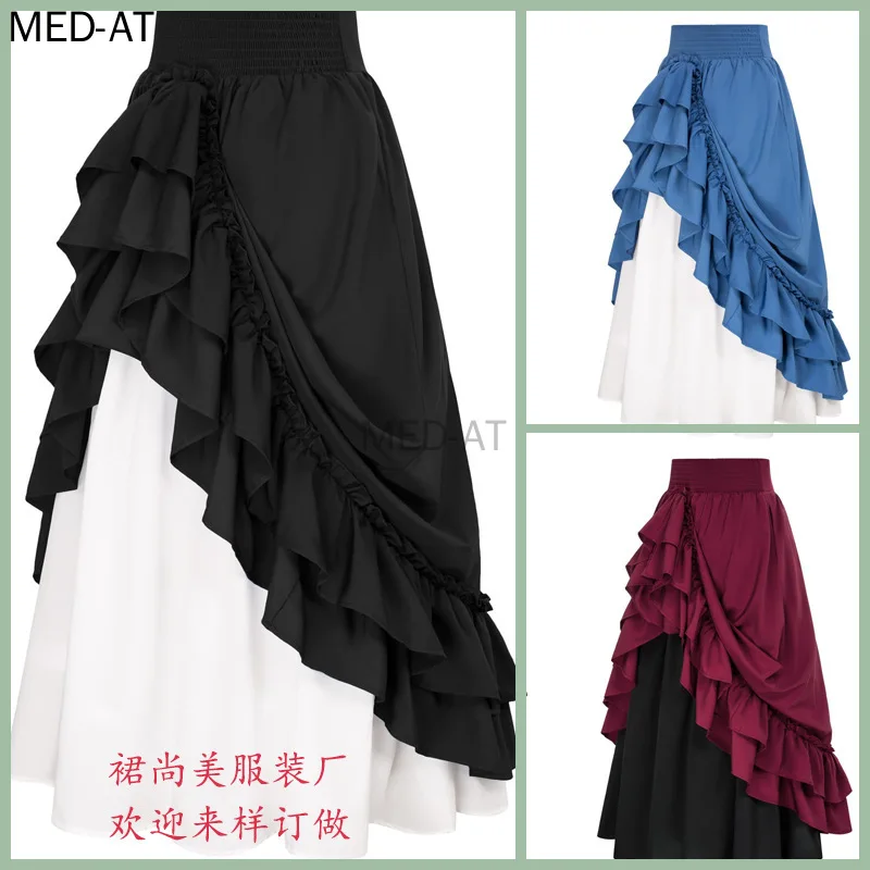 

Women Steampunk Victorian Renaissance Elastic Waist Double Layers Ruffle Skirt Pirate Medieval High Low Cletic Cosplay Skirts