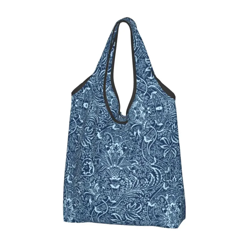 

Индивидуальная индийская сумка для покупок Вильям Морриса, Женская портативная вместительная продуктовая сумка для покупок темно-синего цвета, цвета индиго