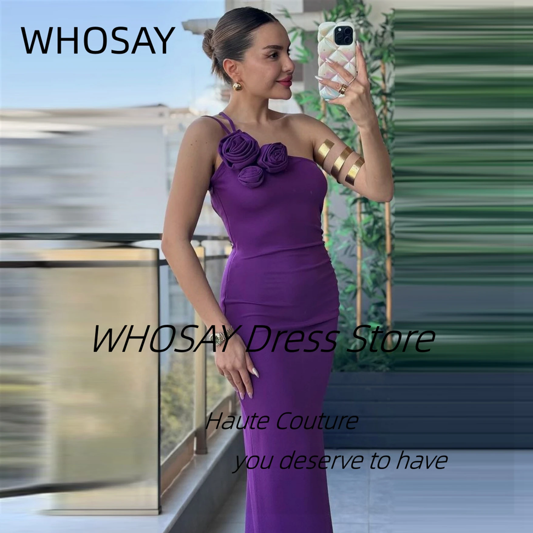 

WHOSAY Real Image Purple Prom Dresses with Flowers One Shoulder Robe Des Cocktail Party Dress Ruched Side Slit Evening Gowns