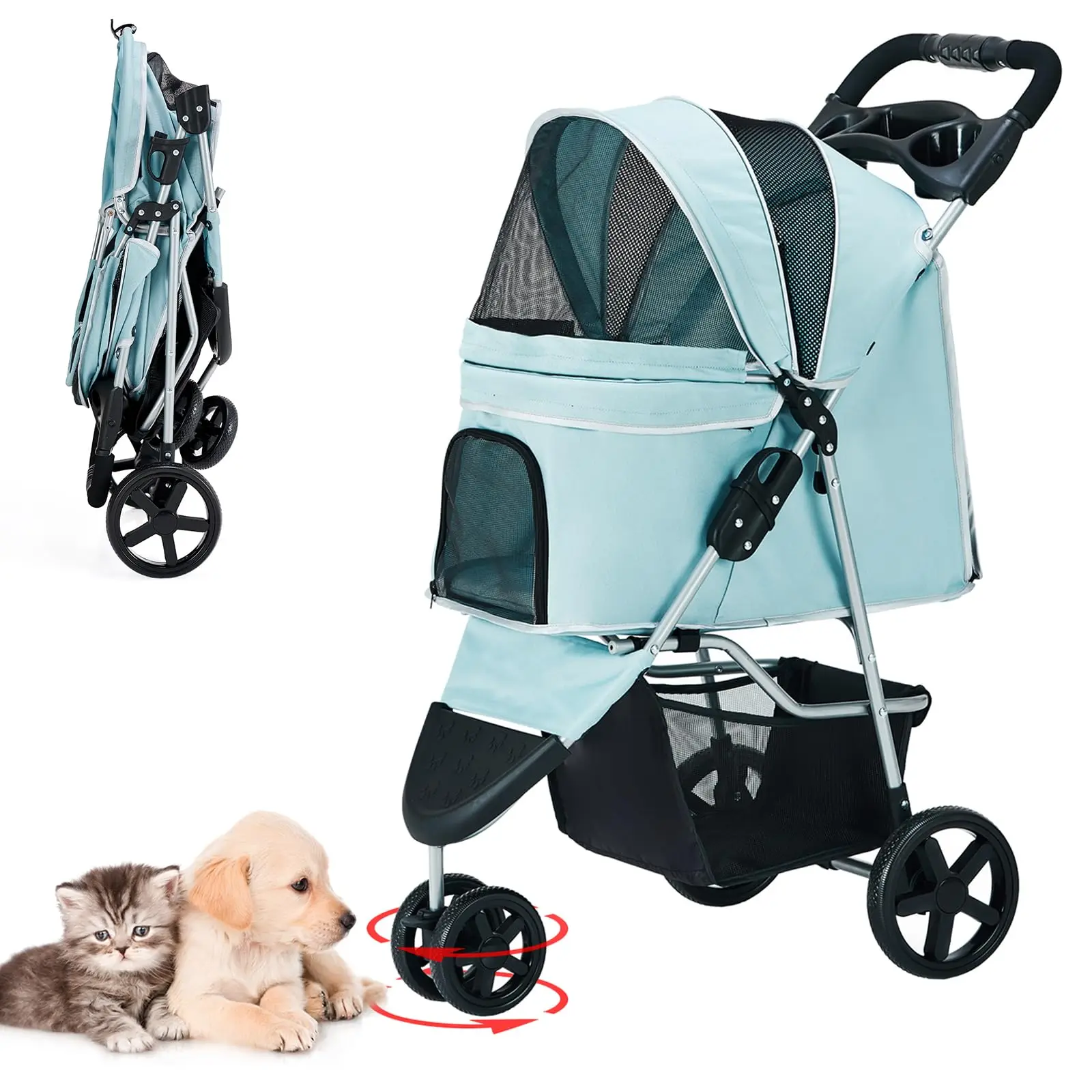 

Light Blue Canine Cruiser: Pet Stroller for Medium/Small Dog, Folding 3-Wheel Jogger, Cage, Basket