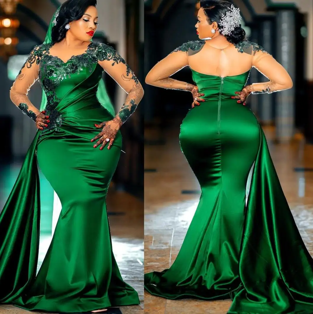 

Arabic Aso Ebi Mermaid Prom Dresses hunter green Lace Sheer Neck Evening Formal Party Second Reception Birthday Engagement Gown