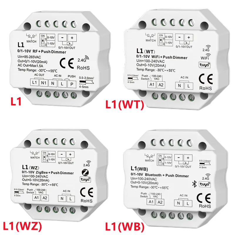 

2.4G dimming remote controller Bluetooth + Push Dimmer L1 L1(WT) L1(WZ) L1(WB) RF to 1 Channel 0/1-10V Dimmer ZigBee + RF