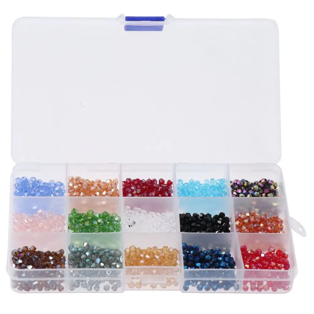 

1500Pcs 4mm DIY 15 Colors Crafts Beads Faceted Bicone Crystal Spacer Beads Glass Beads with Storage Box