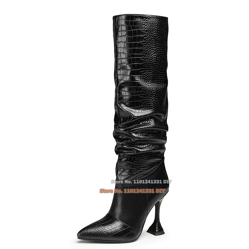

Black Parton Crocodile Embossed Leather Knee High Boots Women's Thin High Heel Pointed Toe Long Boot Croc Knee Length Bota