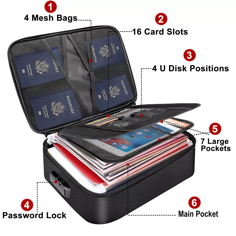 

Waterproof Black Fireproof Storage Bag Large Capacity File Organizer with Handle and Zipper For Contracts Important Documents