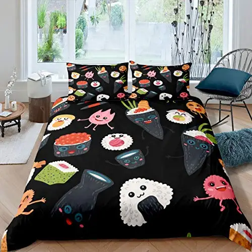 

Sushi Comforter Cover,Kawaii Rice Printed Duvet Cover,Cartoon Sushi Food Bedding,Salmon Caviar Sushi Japanese Style Quilt Cover