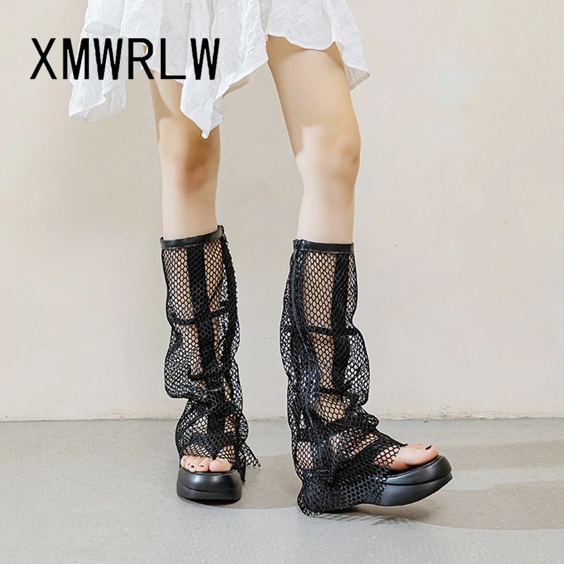 

Женские летние сапоги XMWRLW 2023, женская обувь из дышащей сетки, модные женские сапоги на высоком каблуке и толстой подошве, летние высокие сапоги, обувь, сапоги