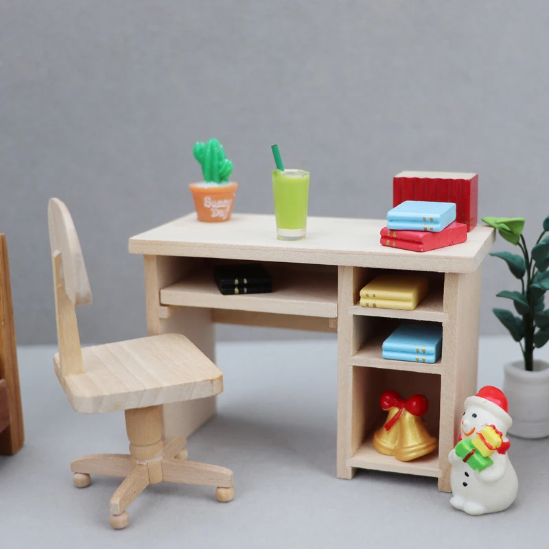 

1:12 миниатюрный кукольный домик, компьютерный стол, офисный стол, стул в комплекте, аксессуары для декора кукольного дома
