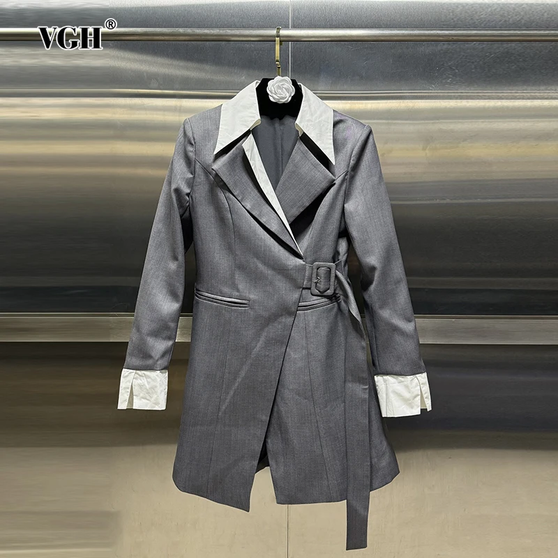 

VGH Hit Color Patchwork Belt Blazers For Women Notched Collar Long Sleeve Spliced Pockets Temperament Tunic Blazer Female New