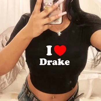I Love Drake Red Love Heart 여성용 크롭탑, 하라주쿠 캐주얼 베이비 티, Y2k 패션 의류, 여름 반팔 티셔츠, O넥 상품 이미지