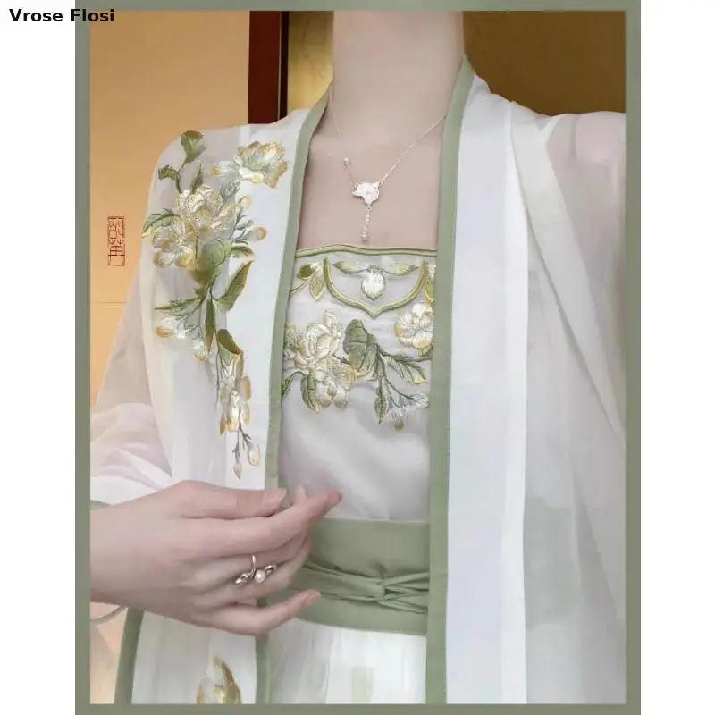 

2024 Spring Elegant Song Dynasty White Lace Floral Embroidery Hanfu Dress Suit Suspender Robe Skirt For Women Vestidos Chinos