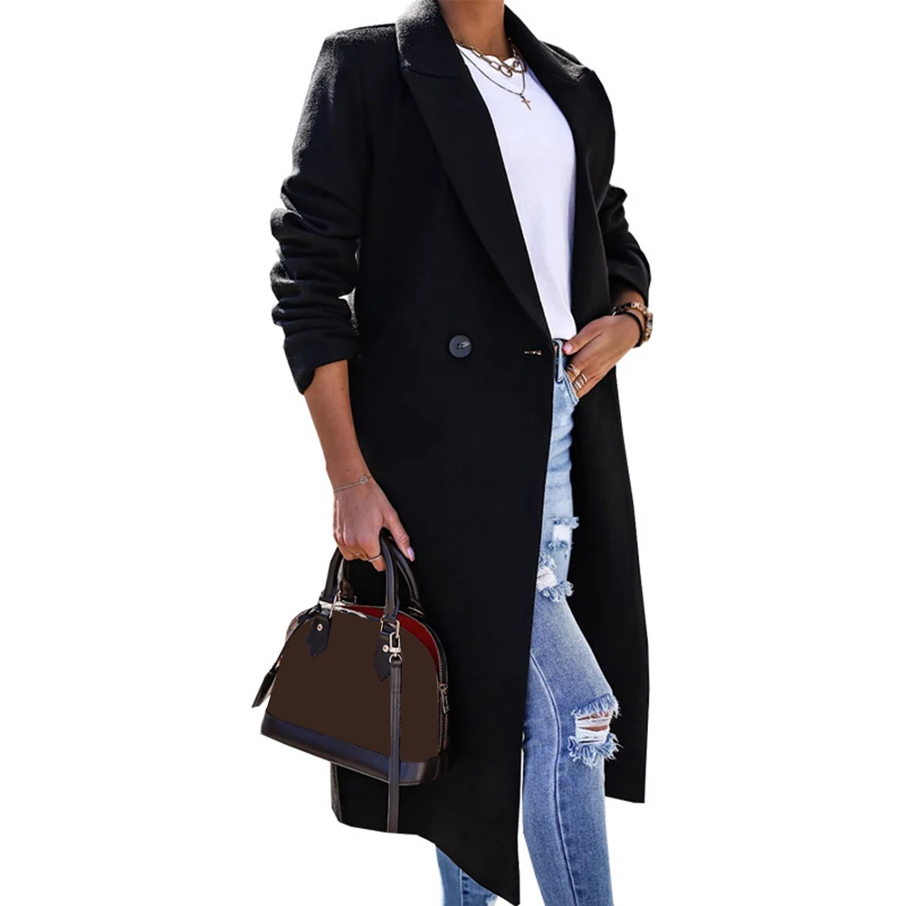 

Comfortable Women Jacket Overcoat Ladies Long Jacket Long Sleeve Outwear Tops Slit Woolen Solid Color Trench Coat