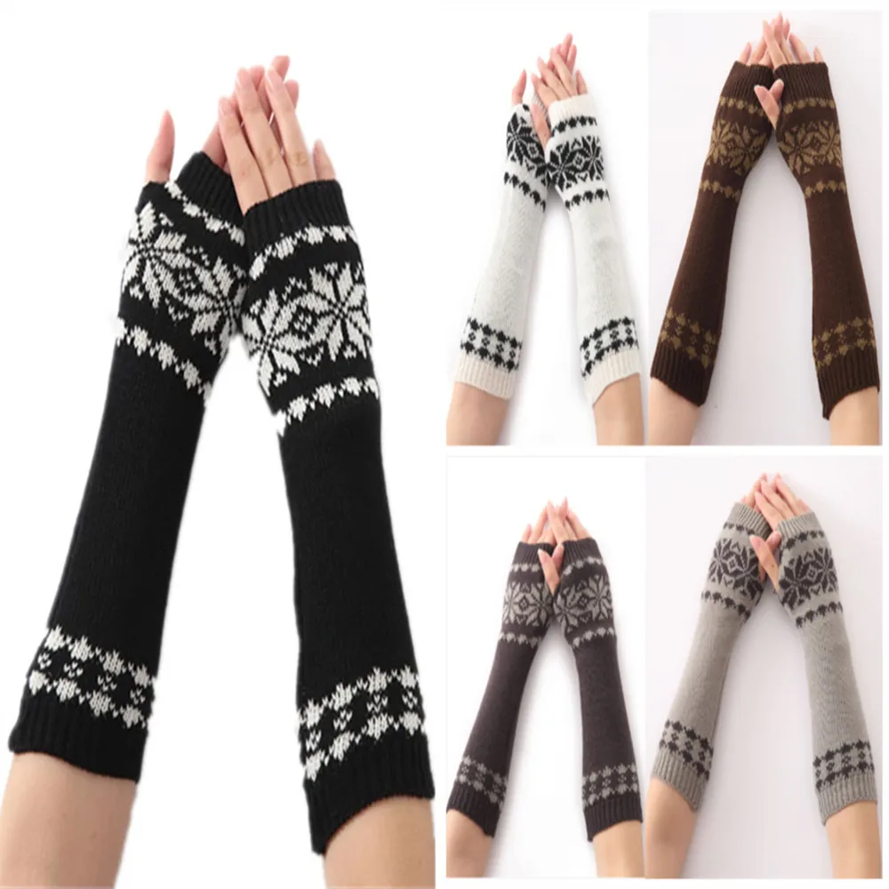 

Woman Ladies Fingerless Gloves Winter Warm Soft Knitted Snowflake pattern Mittens guantes largos перчатки женские трикотажные