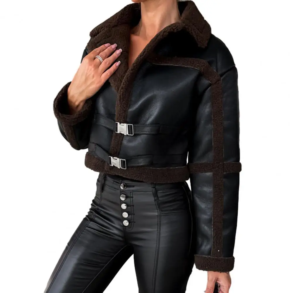 

Осенняя короткая куртка из искусственной кожи, женское облегающее Укороченное пальто с плюшевой подкладкой и отложным воротником, Женская винтажная мотоциклетная верхняя одежда, пальто