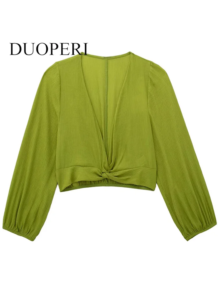 DUOPERI Women Fashion With Knot Green Pleated Cropped Blouse Vintage V-Neck Long Sleeves Female Chic Lady Shirts
DUOPERI Women Fashion With Knot Green Pleated Cropped Blouse Vintage V-Neck Long Sleeves Female Chic Lady Shirts