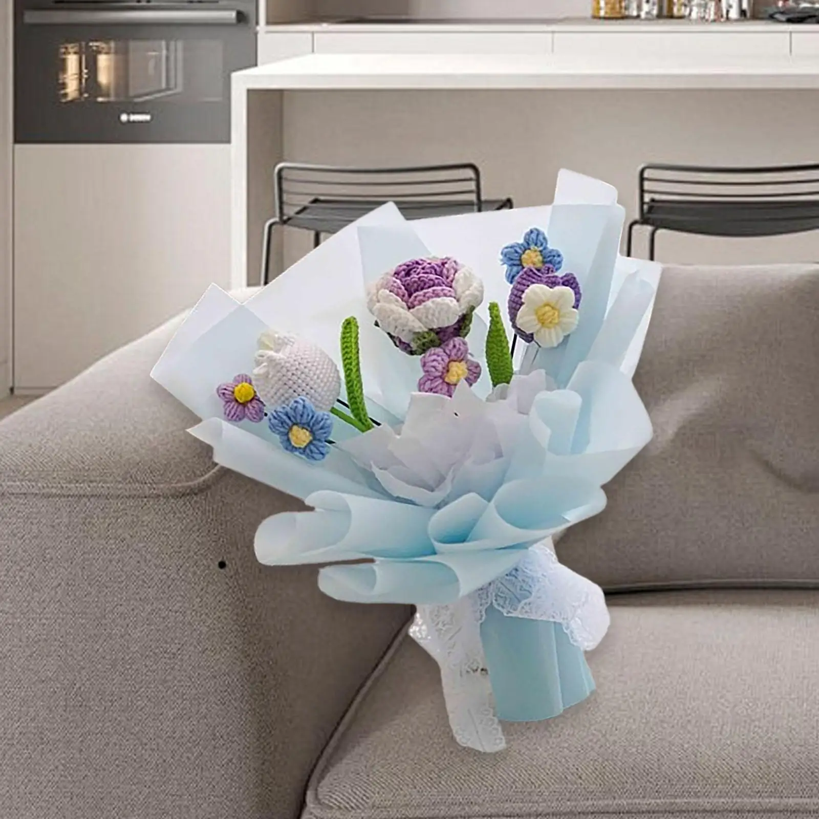 

Knitting Crochet Flower Bouquet Mother's Day Decoration Length 45cm Artificial Mixed Flowers for Anniversaries Celebrations