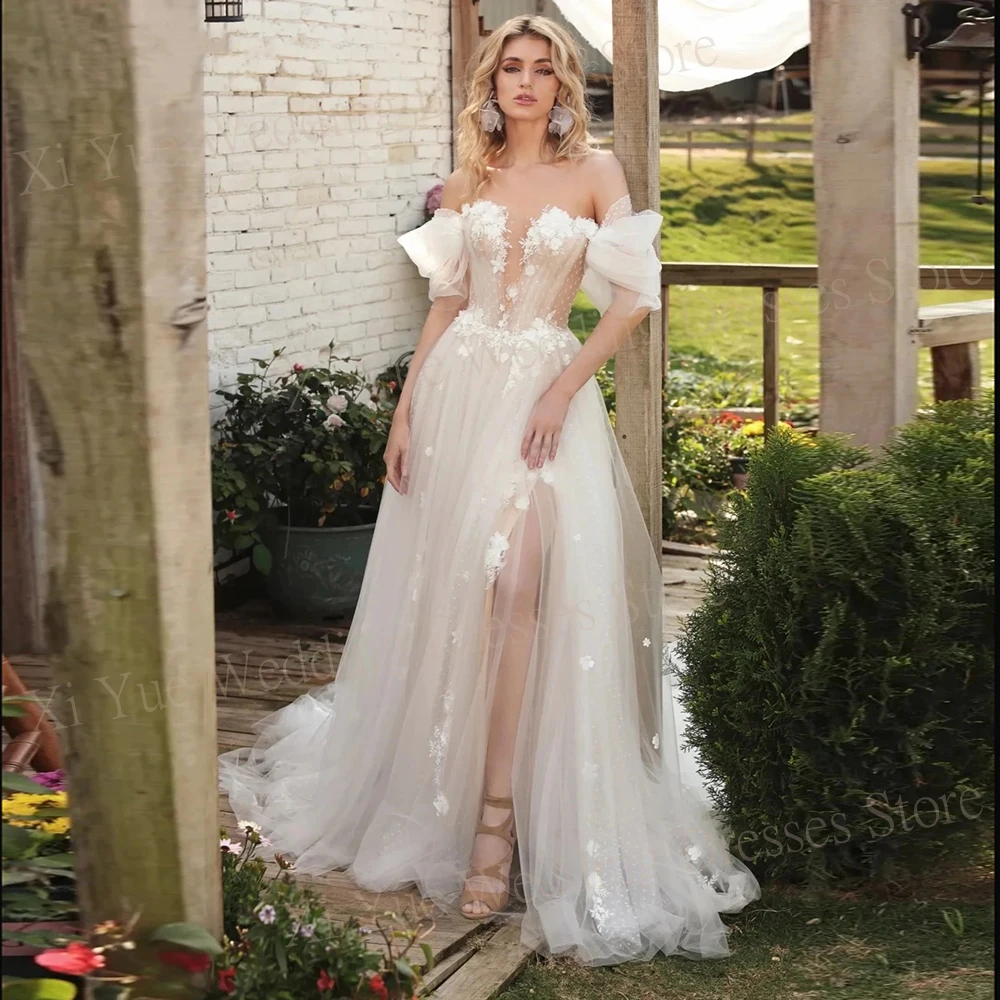 

Graceful Beautiful A Line Wedding Dresses Sweetheart Off The Shoulder Bride Gowns With 3D Flower Appliques Vestidos Novias Boda