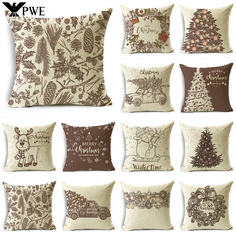

Christmas Throw Pillowcase Cushion Cover Linen Pillow Case Merry Christmas Gifts Home Office Living Room 45X45CM