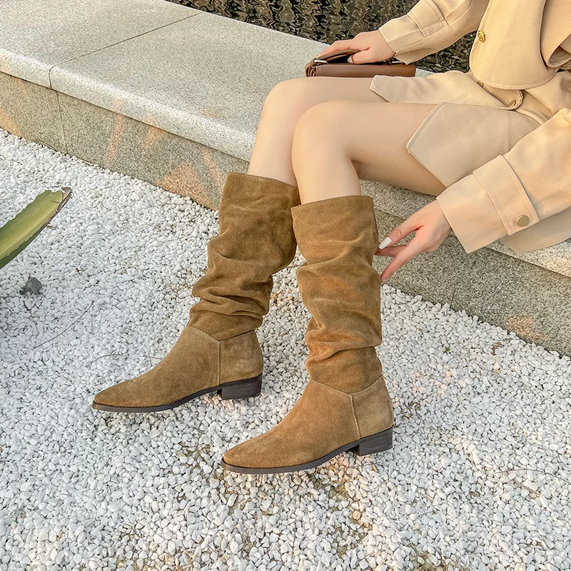 

2022 Women Boots Suede Brown Long Boots High Heels Western Cowboy Wrinkled Boots Fashion Female Designer Shoes Thigh High Boots