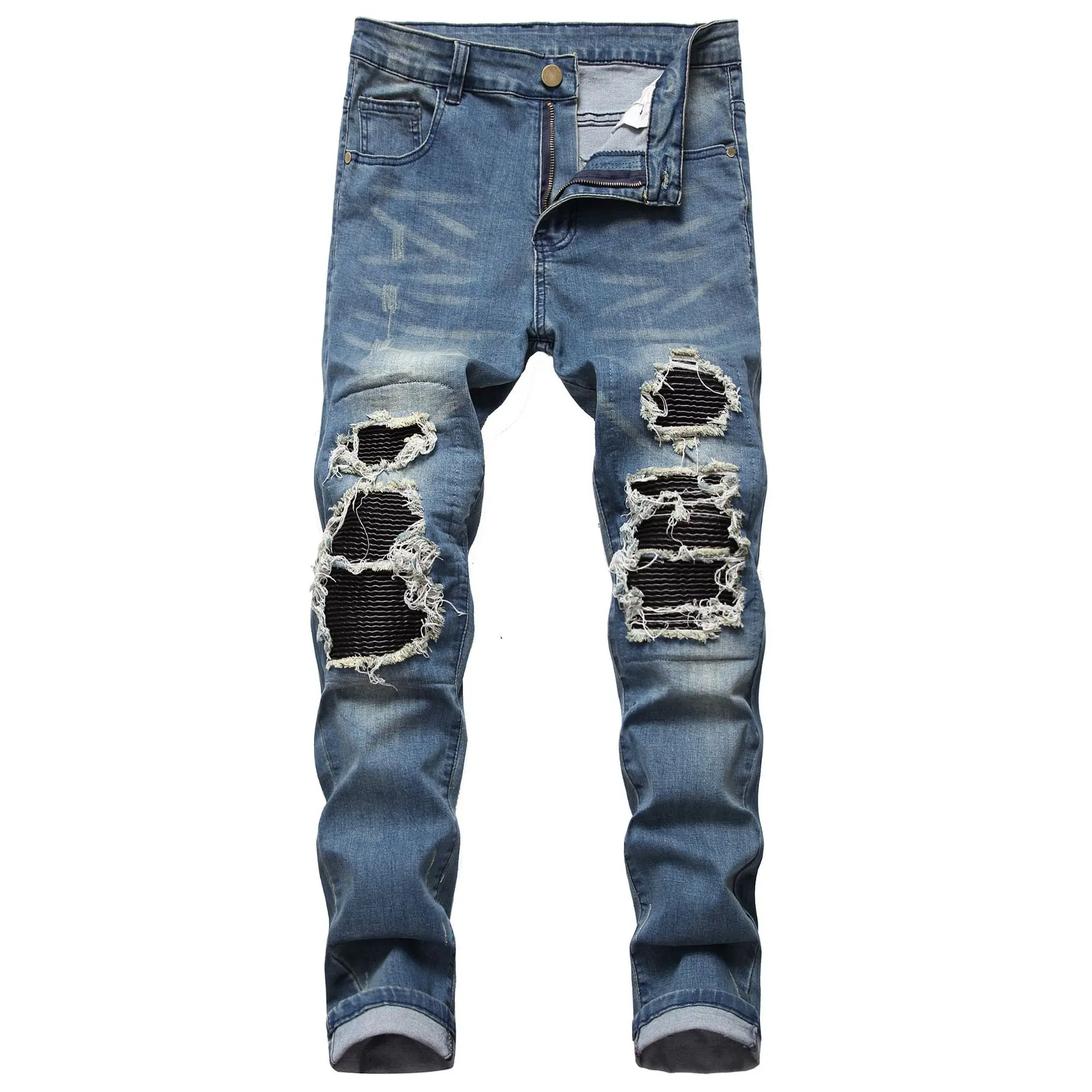 

Skinny Ripped Jeans Men Blue Slim Stretch Hole Distressed Denim Mens Biker Trousers Street Jogger Straight Pants Male Hip Hop