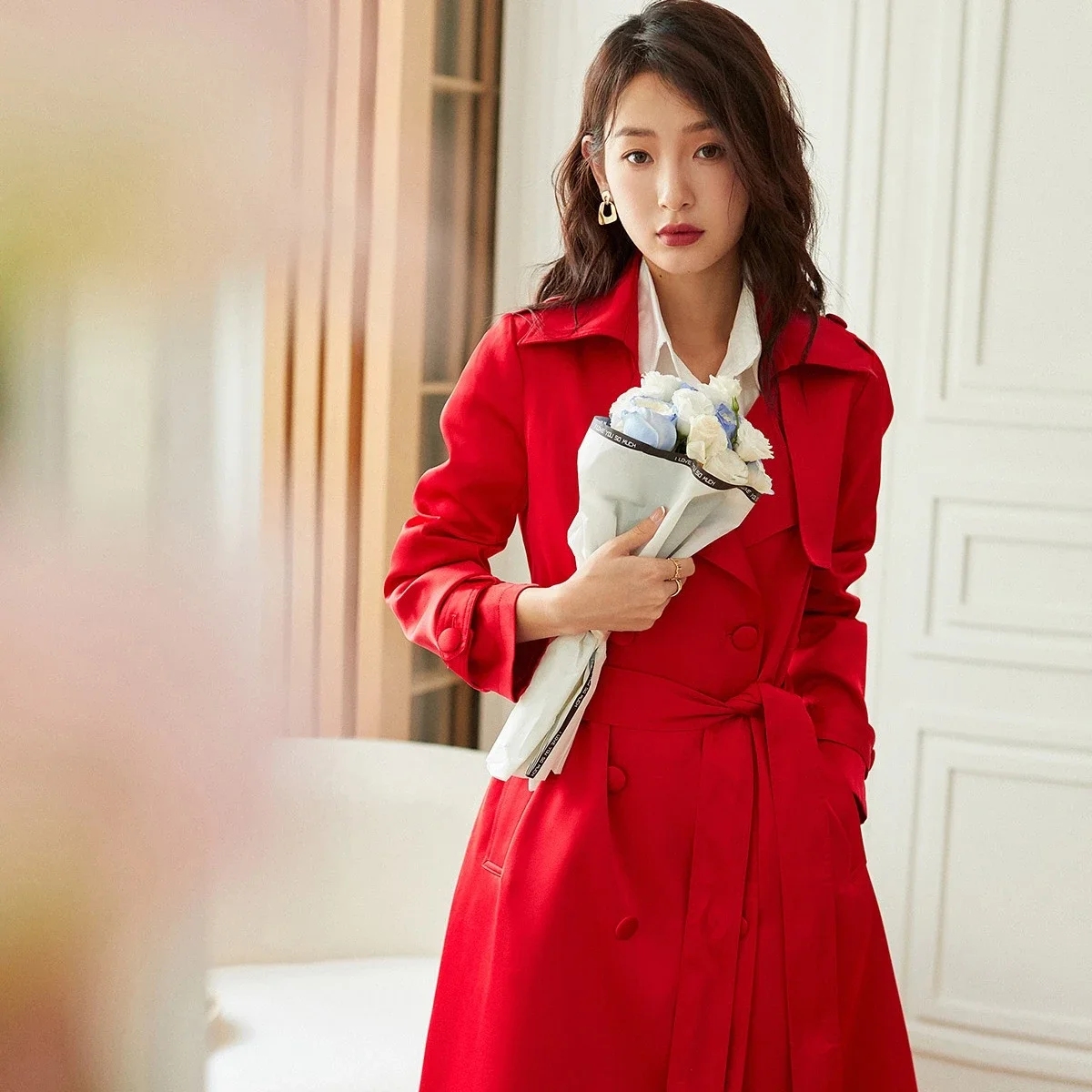 

2023 Spring Fall Women Double Breasted Red Slim High Waisted Trench Coat , Woman Clothing Fashion Elegant Long Coats Jacket