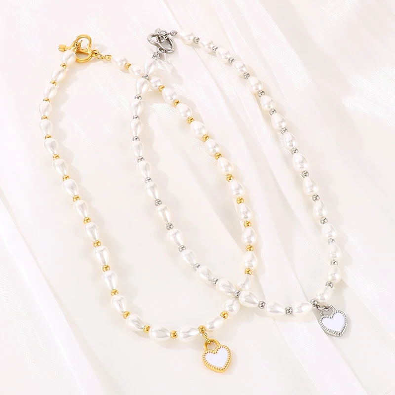 

Elegant Shell Imitation Pearl Heart Pendant Necklace for Women Gold Silver Color Stainless Steel Beads Chain Choker Jewely Gifts