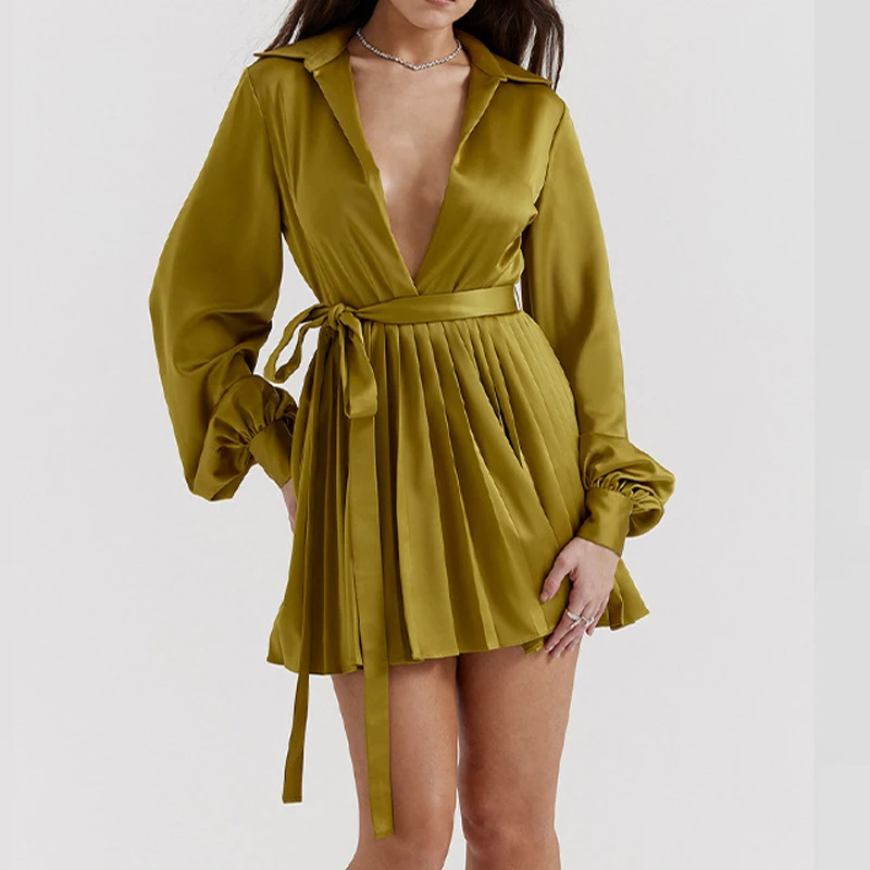 Spring Deep V Neck Lace-up Satin Dress Elegant Lapel High Waist Pleated Mini Dress Fashion Solid Color Long Sleeve A-Line Dress
Spring Deep V Neck Lace-up Satin Dress Elegant Lapel High Waist Pleated Mini Dress Fashion Solid Color Long Sleeve A-Line Dress