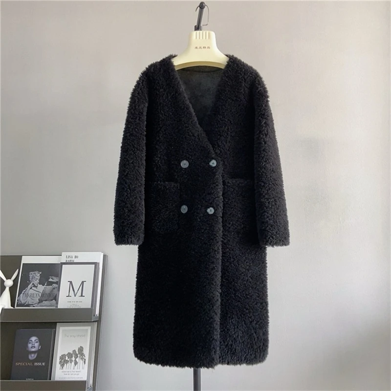 

Lady Sheep Shearling V-neck Long Coat Women Curly Wool Hair Fall and Winter New Jacket Parka PT439