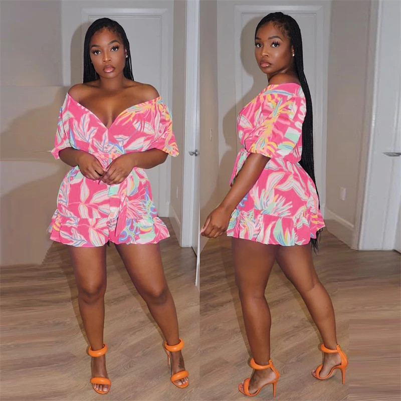 Summer Leaf Print Ruffles Playsuits Women Sexy V Neck Off Shoulder Short Sleeve Casual Shorts Jumpsuit with Belt Beach Romper
Summer Leaf Print Ruffles Playsuits Women Sexy V Neck Off Shoulder Short Sleeve Casual Shorts Jumpsuit with Belt Beach Romper