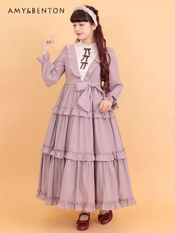

Japanese Sweet Cute Dress for Women Retro Cake Long Dresses Elegant Slimming Classical Graceful Lolita Long Sleeve Dress Spring